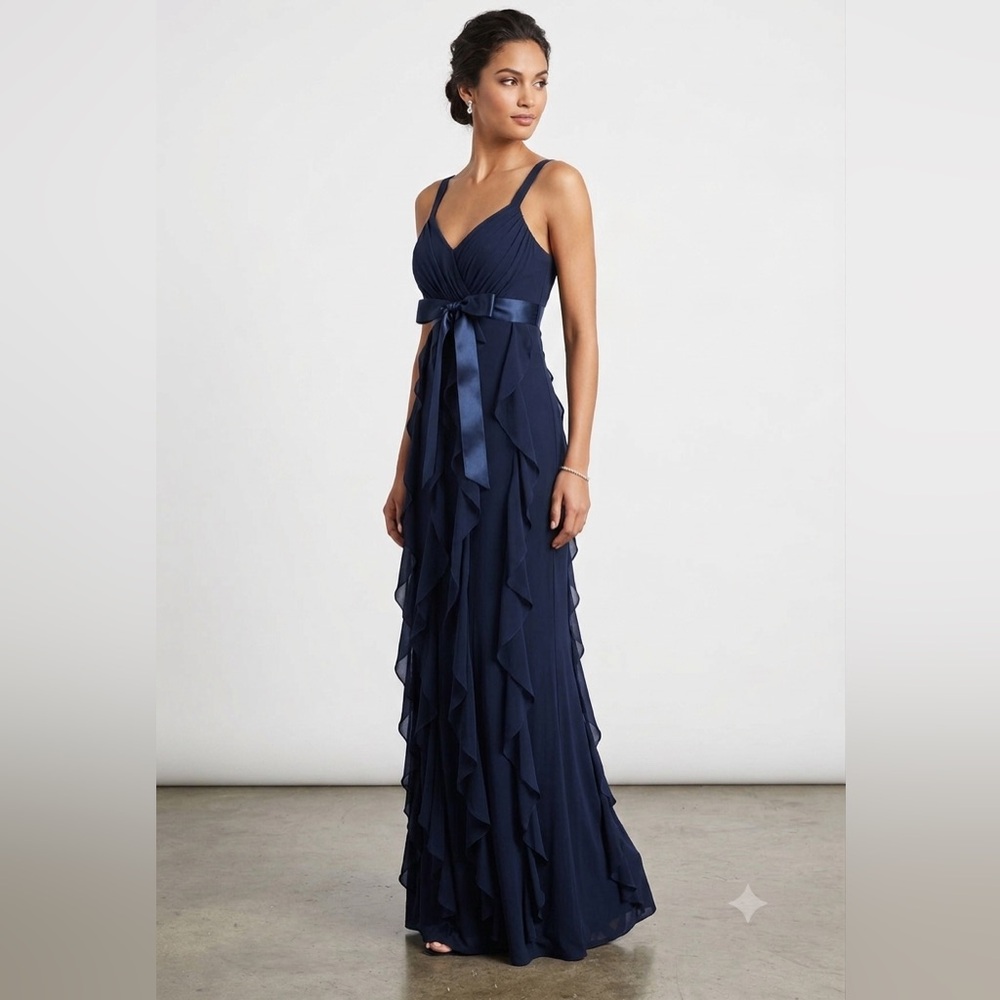 Betsy & Adam Dress Ruffles Maxi Formal Wedding Dress Navy Sz 4